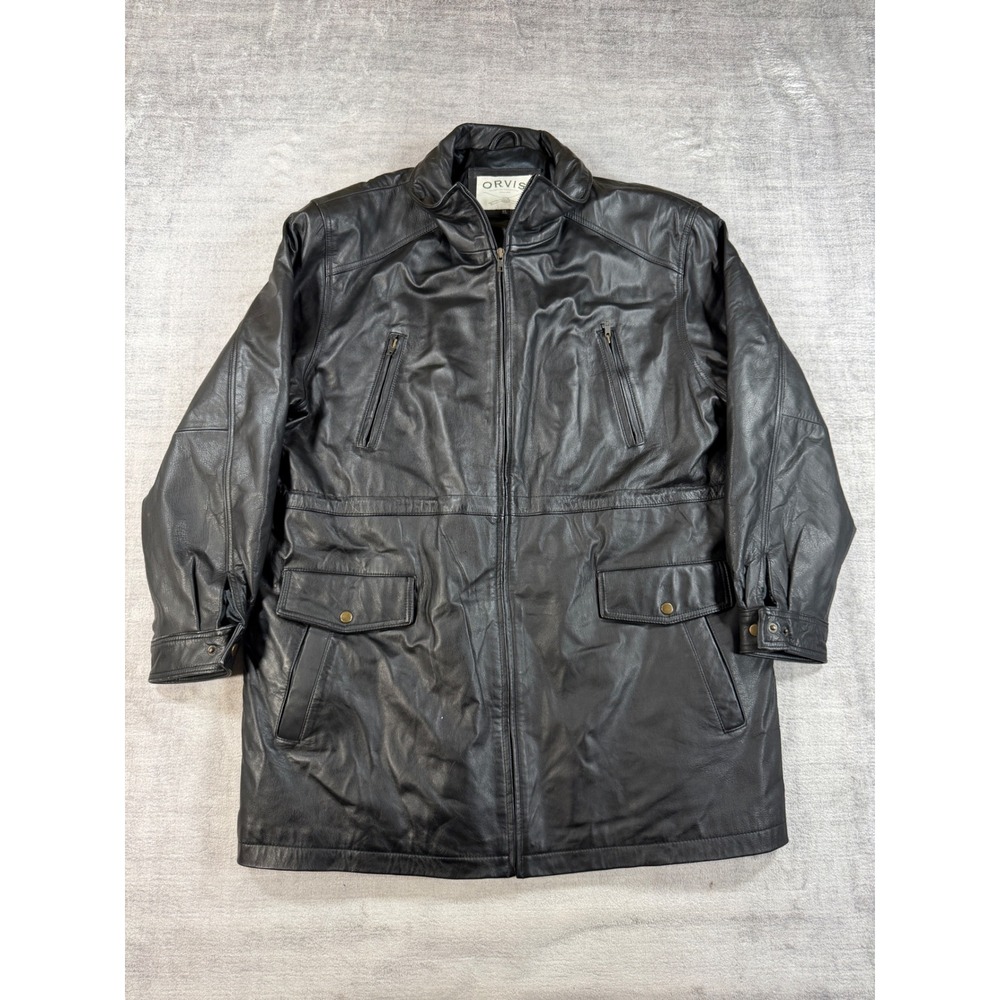 Orvis Leather Jacket Mens XL Black Field Coat Utility Barn Rugged Long Outdoors